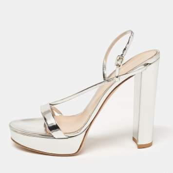 Pre Owned Gianvito Rossi Silver Leather Ankle Strap Sandals Size 40.5