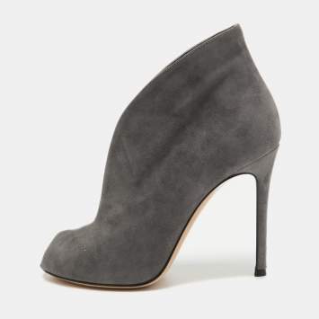 Pre Owned Gianvito Rossi Grey Suede V Neck Peep Toe Booties Size 36