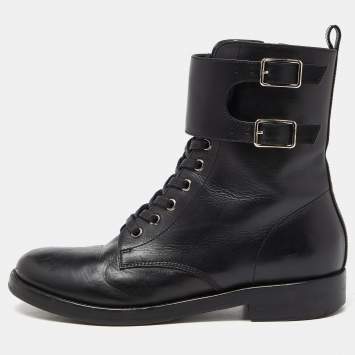 Pre Owned Gianvito Rossi Black Leather Zip Combat Boots Size 38