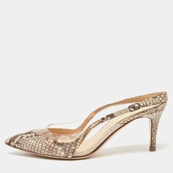 Pre Owned Gianvito Rossi Brown/Beige Python and PVC Slingback Pumps Size 37.5