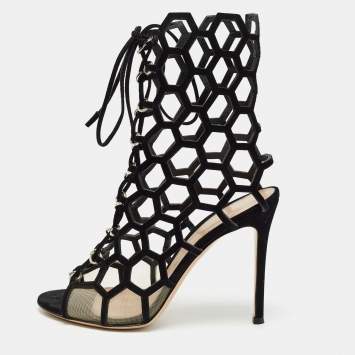 Pre Owned Gianvito Rossi Black Suede and Mesh Cut Out Sandals Size 37