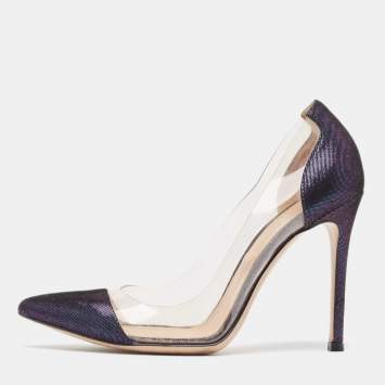 Pre Owned Gianvito Rossi Metallic Two Tone Laminated Suede and PVC Plexi Pumps Size 34