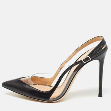 Pre Owned Gianvito Rossi Black Leather and PVC Slingback Pumps Size 39