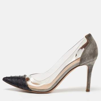 Pre Owned Gianvito Rossi Grey/Black Python,Suede and PVC Plexi Pumps Size 37.5