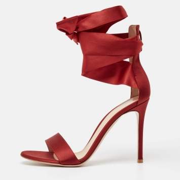 Pre Owned Gianvito Rossi Red Satin Gala Ankle Wrap Sandals Size 38.5