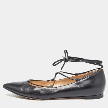 Pre Owned Gianvito Rossi Black Leather Femi Ankle Tie Flats Size 37