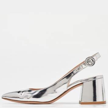 Pre Owned Gianvito Rossi Silver Patent Leather Slingback Pumps Size 34