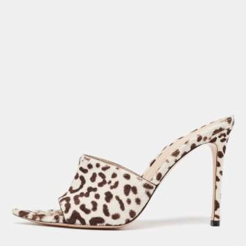 Pre Owned Gianvito Rossi Brown/White Leopard Print Calfhair Elle Slide Sandals Size 38.5
