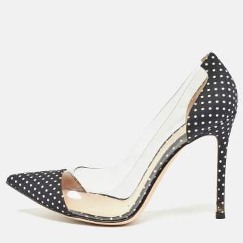 Pre Owned Gianvito Rossi Black/White Polka Fabric and PVC Plexi Pumps Size 37.5