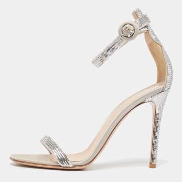 Pre Owned Gianvito Rossi Silver Sequins  and Satin  Montecarlo Ankle Strap Sandals Size  37.5