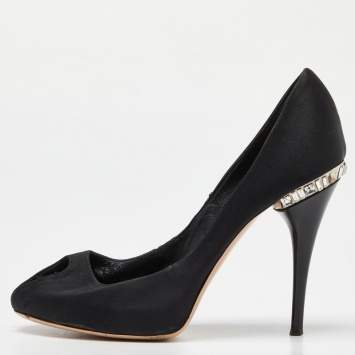 Pre Owned Gianvito Rossi Black Satin Crystal Embellished Peep Toe Pumps Size 36