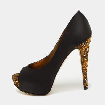 Pre Owned Gina Black Satin Crystal Embellished Peep Toe Platform Pumps Size 37