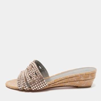 Gina Beige Leather Crystal Embellished Daphne Slide Sandals Size 38.5