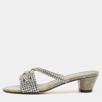 Gina Grey Leather Crystal Embellished Cerise Slide Sandals Size 38