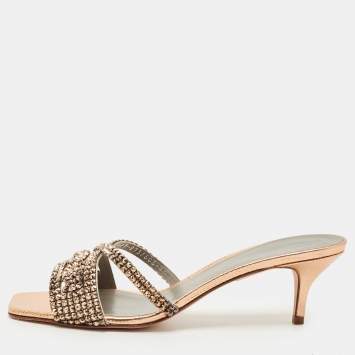 Pre Owned Gina Gold Leather Crystal Embellished Slide Sandals Size 41