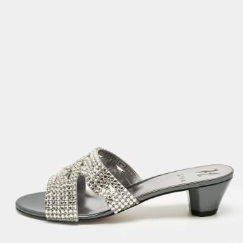 Pre Owned Gina Silver Leather Crystal Embellished Slide Sandals Size 40