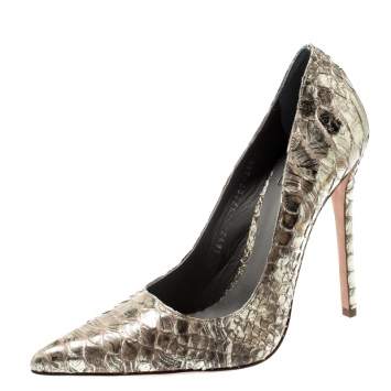 Pre Owned Gina Metallic Gold Python Leather Pointed Toe Pumps Size 38.5