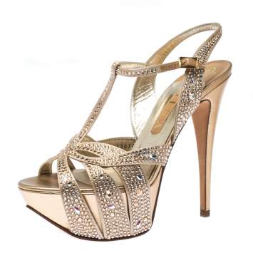 Pre Owned Gina Gold Crystal Embellished Satin T Strap Platform Sandals Size 40