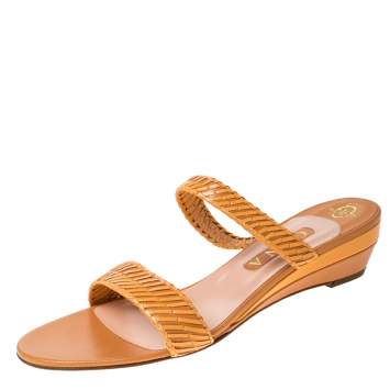 Pre Owned Gina Beige Leather Strappy Wedge Sandals Size 41.5