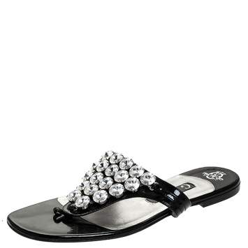 Pre Owned Gina Black Patent Leather Crystal Embellished Thong Flats Size 38