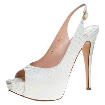 Pre Owned Gina White Python Leather Peep Toe Platform Slingback Sandals Size 38.5