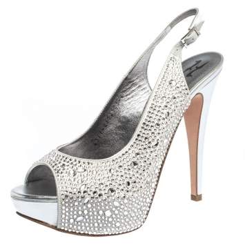 Pre Owned Gina Grey Satin Crystal Embellished Platform Open Toe Slingback Sandals Size 39