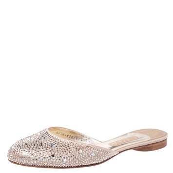 Pre Owned Gina Beige Satin Crystal Embellished Flat Mules Size 40.5