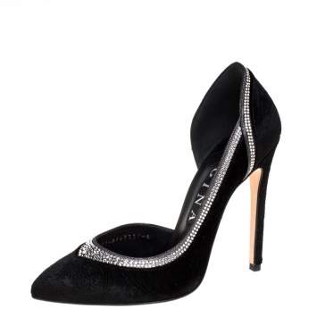Pre Owned Gina Black Paisley Print Velvet Tia Crystal Studded D'Orsay Pointed Toe Pumps Size 39