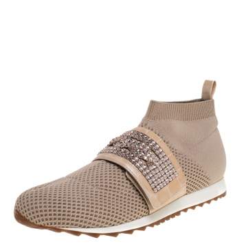 Pre Owned Gina Beige Knit Fabric And Patent Crystal Embellished Nyla Sneakers Size 38