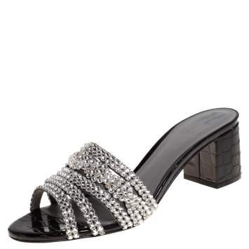 Pre Owned Gina Black Croc Embossed Patent Leather And Crystal Embellished Visage Slide Sandals Size 38.5