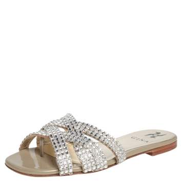 Pre Owned Gina  Grey Crystal Leather Orion Slide Sandals Size 37