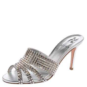 Pre Owned Gina Silver Leather Odile Embellished Slide Sandals Size 37
