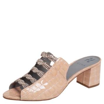 Pre Owned Gina Beige Croc Embossed Patent Leather Cosmos Mule Sandals Size 41.5