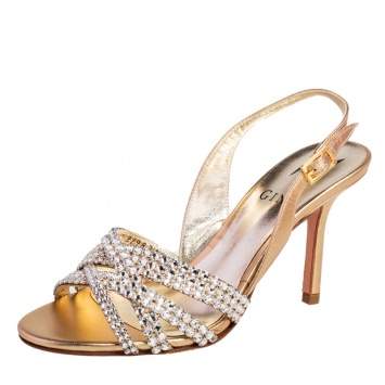 Pre Owned Gina Metallic Gold Leather Maggie Crystal Embellished Slingback Sandals Size 35