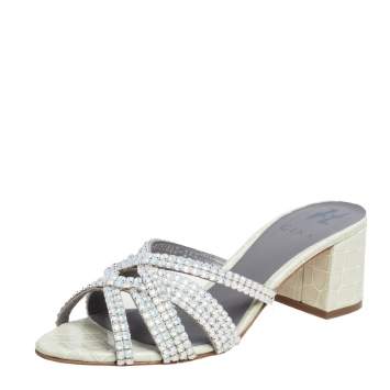 Pre Owned Gina Pale Green Croc Embossed Leather Dexie Slide Sandals Size 39.5