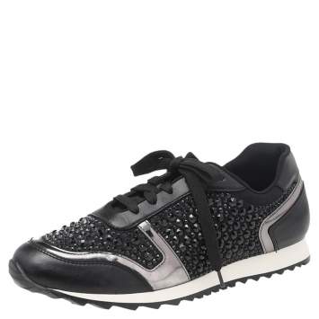 Pre Owned Gina Black Leather And Embellished Satin Luminosa Low Top Sneakers Size 40