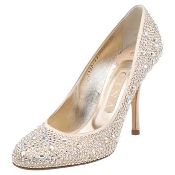 Pre Owned Gina Beige Crystal Embellished Satin Pumps Size 38.5