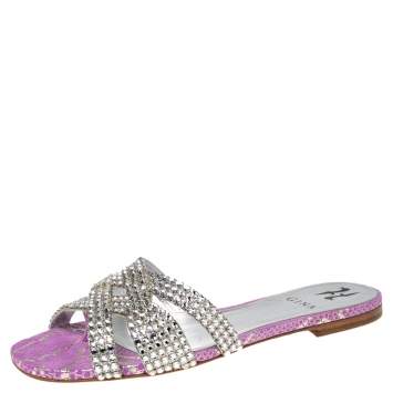 Pre Owned Gina Purple Python Embossed  Leather Crystal Embellished Flat Slides Size 38.5