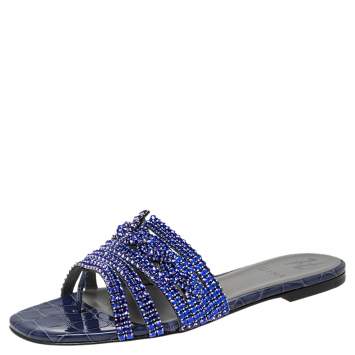 Pre Owned Gina Royal Blue Crystals Embellished Leather Loren Flat Slides Size 38.5