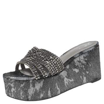 Pre Owned Gina Metallic Grey/Black Crystals Embellished Leather and Calf Hair Wedge Platform Sandals Size 39.5
