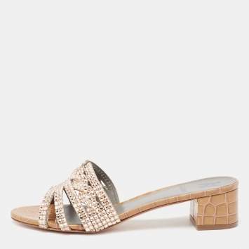 Pre Owned Gina Beige Crystal Embellished Leather Rodeo Slide Sandals Size 40.5