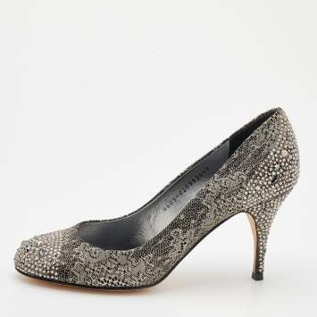 Pre Owned Gina Black/Silver Suede And Lace Crystal Embellished Pumps Size 40
