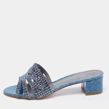 Pre Owned Gina Blue Crystal Embellished Leather Loren Slide Sandals Size 38.5