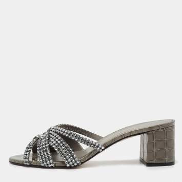 Pre Owned Gina Grey Crystal Embellished Patent Croc Embossed Leather Slide Sandals Size 42
