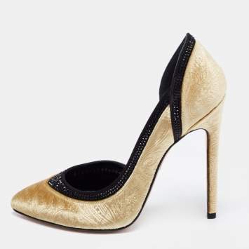 Pre Owned Gina Gold Paisley Print Velvet Crystals Embellished D'orsay Pumps Size 38