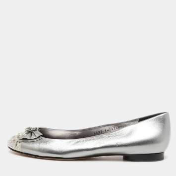 Pre Owned Gina Metallic Two Tone Leather and Satin Crystal Embellished Cap Toe Bow Ballet Flats Size 39.5
