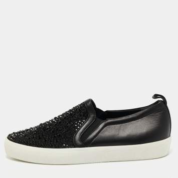 Pre Owned Gina Black Leather and Crystal Low Top Sneakers Size 41