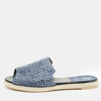 Pre Owned Gina Blue Satin Crystal Embellished Espadrille Flat Slides Size 40 