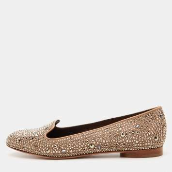 Pre Owned Gina Brown Crystal Embellished Satin and Leather Smoking Slippers Size 38.5