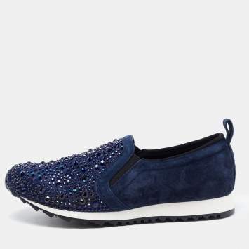 Pre Owned Gina Blue Suede Crystal Embellished Slip On Sneakers Size 39